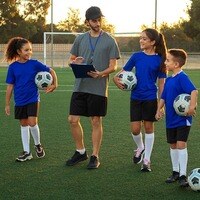 Un entrenador con sus alumnos, practicando fútbol