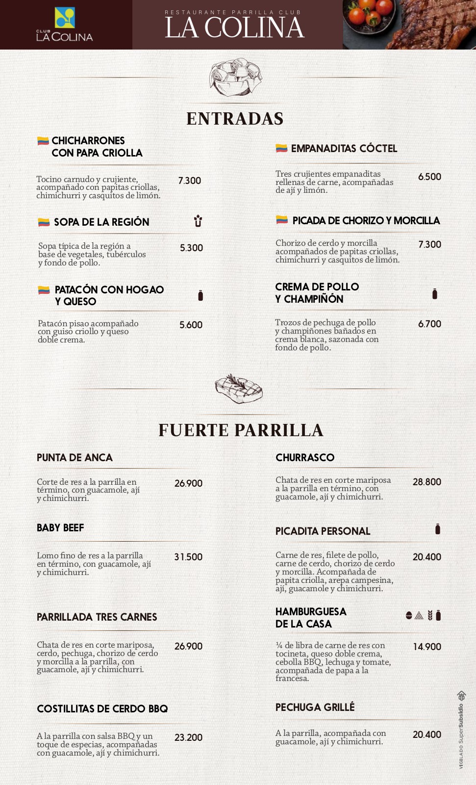 Carta Parrilla Club la Colina